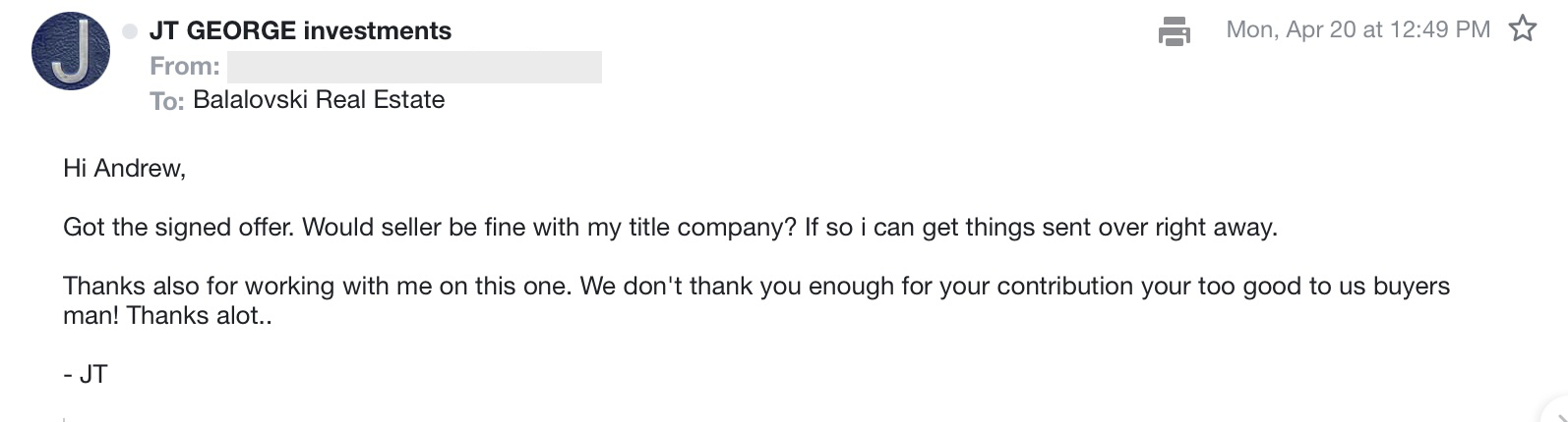 Balalovski Real Estate Letter of Recommendation