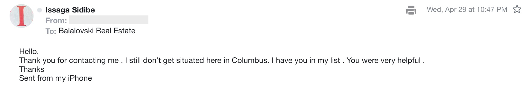 Balalovski Real Estate Letter of Recommendation
